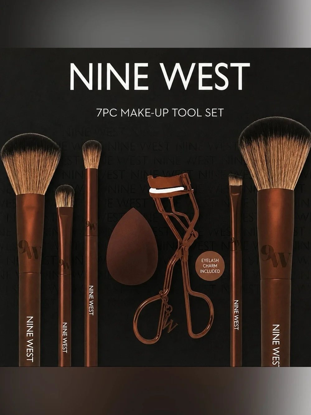 Nine West 7PC Makeup Tool Set Brushes Beauty Sponge Eyelash Curler New in Box